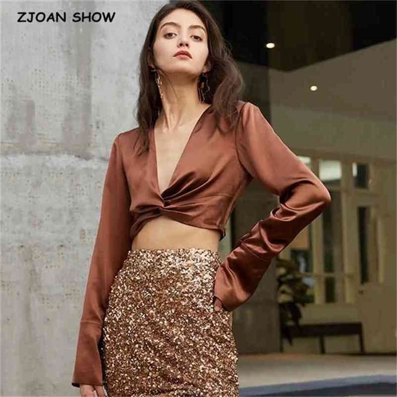 Brief Pleated Temperament Satin Crop Shirt Women Sexy Cross V neck Hem Tie Pullovers Blouse Short Tops 210429