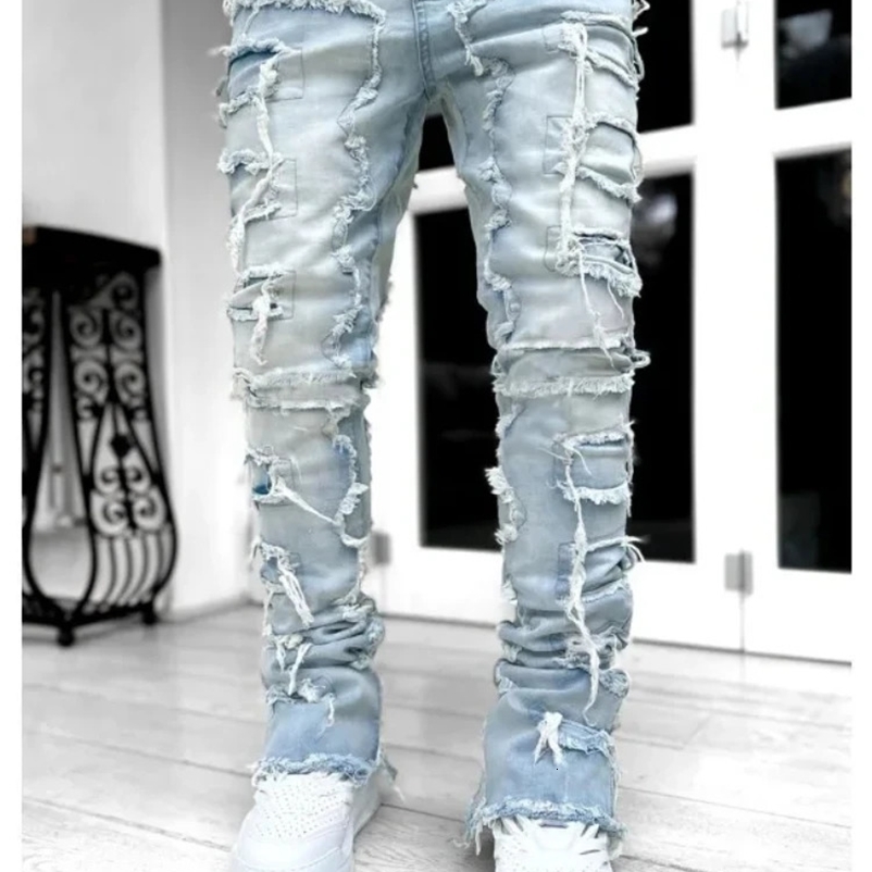 5 Colors Fringe Raw Edge Skinny Jeans Men Elastic Patch Stacked Denim Pants Fashion Punk Streetwear Personality Male Trousers 240912
