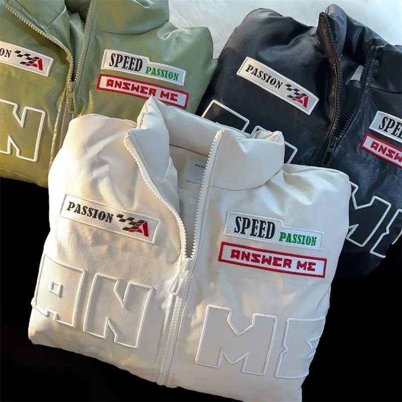 Men's Down Parkas American Letter Embroidered PU Leather Bread Jacket Y2K Fashion Casual Motorcycle Cotton-padded Clothes For Men And Women. 2310