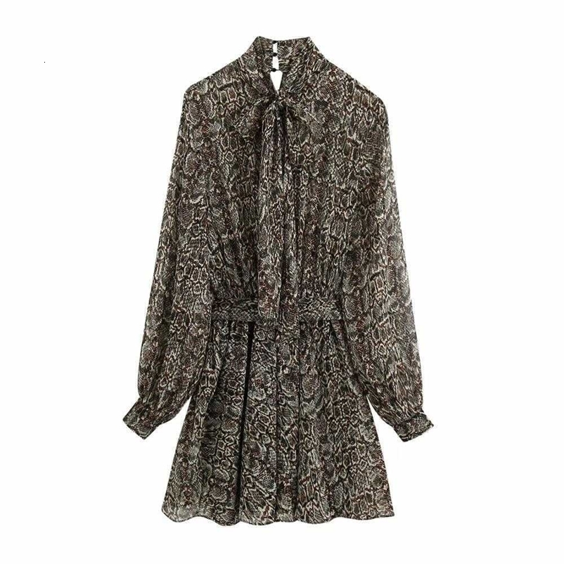 Women Dress Animal Print High Neck Long balloon sleeves Short Dress Belt Elastic waistband Lining vestidos femme robe 210709