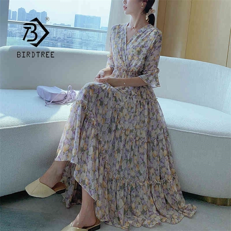 Summer French Style Elegant Chiffon High Waist Floral Dresses V Neck Loose Half Ruffle Sleeve Party Midi Dress Women D12701X 210416