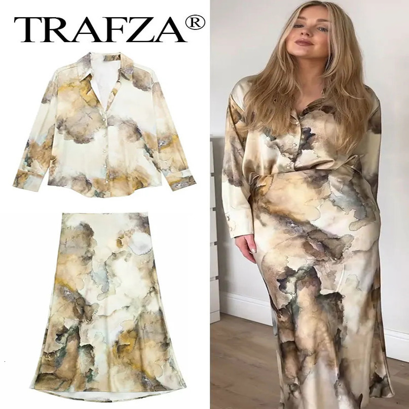 TRAFZA Spring Print Blouse Skirt Sets For Women Tie Dye Long Sleeve Shirts Top Slim Midi Skirts Suit Fashion Streetwear 240423