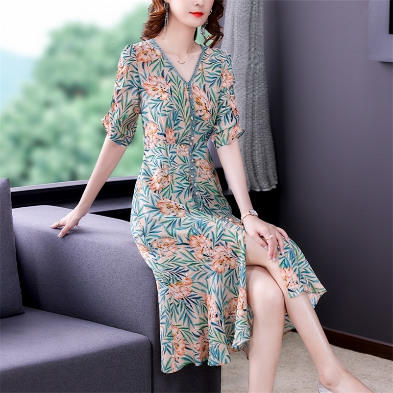 Casual Dresses Vintage Casual Print Chiffon Beach Dress Summer Red Floral Natural Silk Midi Dresses Women Elegant Bodycon Party Vestidos 230316