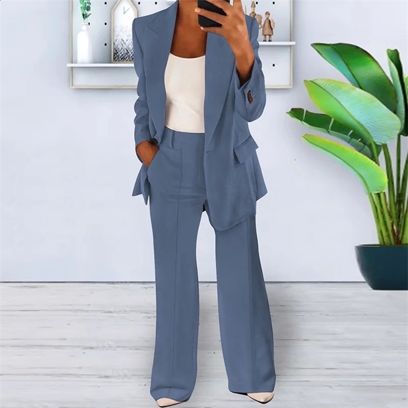 Spring Autumn Women Blazer Suit Casual High Waist Workwear Two Piece Sets Clothes Set Long Sleeve Blazer Loose Pants 241007