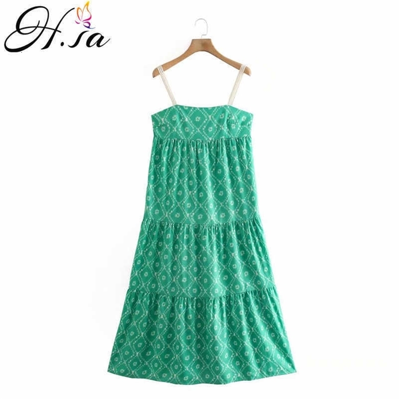 Hsa European Fashion Women Summer Long Maxi Vestidos Cascading Ruffles Pleated Party Robe Green Floral Beach Holiday Dress 210716