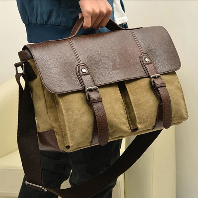British retro mens messenger bag travel canvas strap leather briefcase Bolsos shoulder 240906