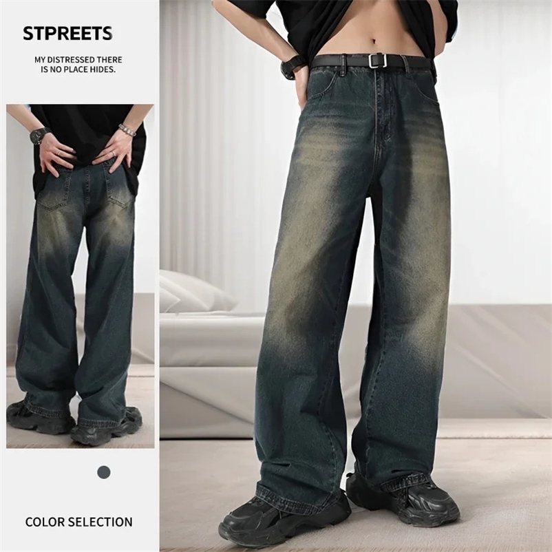 American Retro distressed jeans mens high street straight loose washed wide-leg denim trousers male streetwear 240429