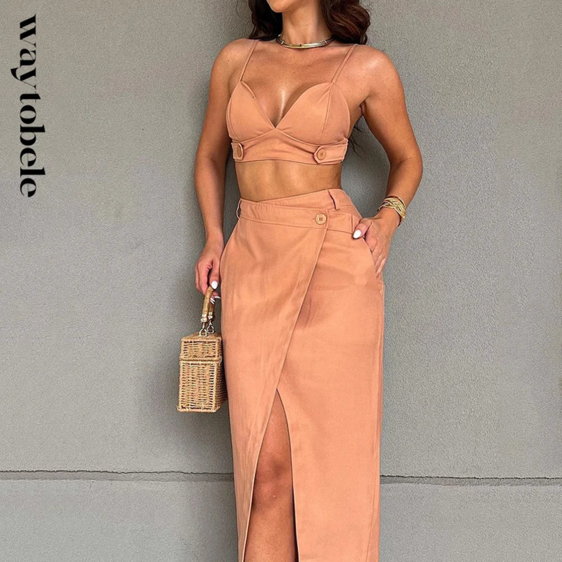 Waytobele Women Two Piece Set Summer Sexy Suspender Solid Backless Sleeveless Top With Pocket Irregular Slit Skirt Streetwear 240423