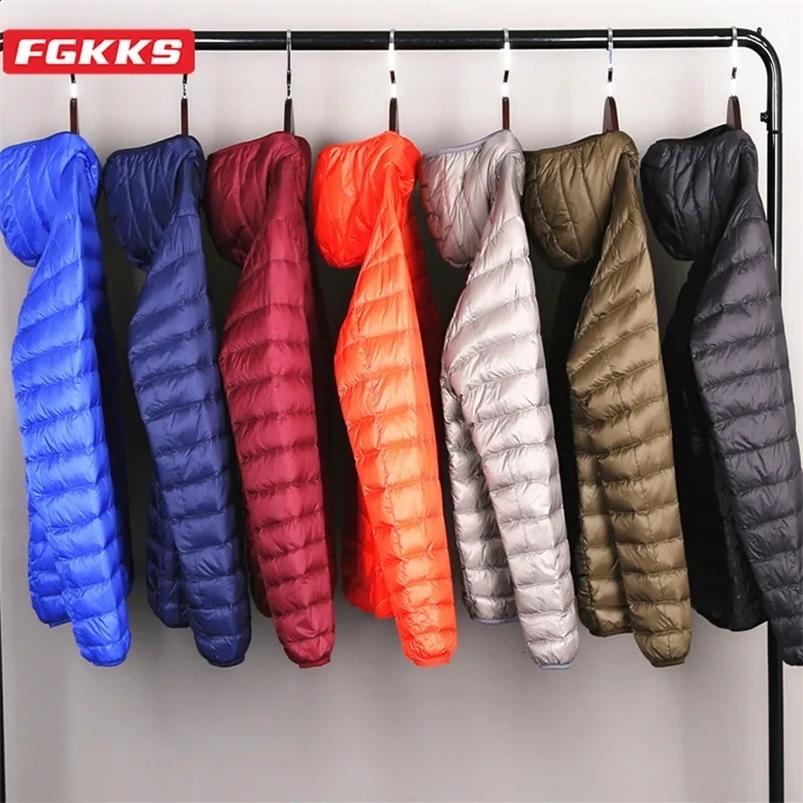 FGKKS Casual Down Jacket For Men Pure Cotton Warm Solid Color Hooded Coat High Quality Down Jacket Male 240830