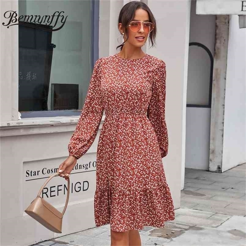 Round Neck Keyhole Back Ruffle Hem Dress Women Floral Print High Waist Long Sleeve Holiday Elegant Knee Length 210510