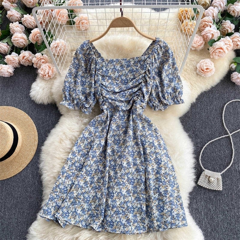 DEAT Women Printing Ruffles Pleated Dress Square Collar Short Sleeve Arrivals Lady Sexy Fashion Spring Summer 11D572 210709