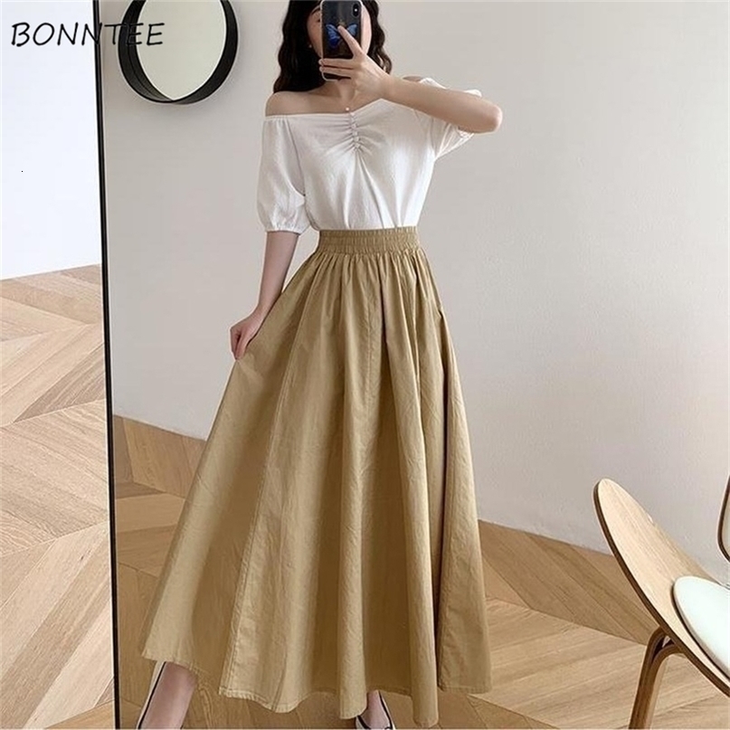 Skirts Women Solid Midcalf Elegant Korean Style Retros Spring Loose High Waist Aline Fashion Allmatch Chic Midi Faldas 220701