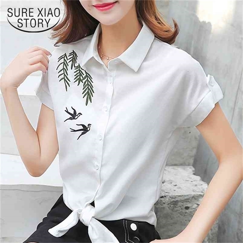summer short sleeve OL shirt women blouse fashion plus size tops embroidery white 's clothing blusas D866 30 210506