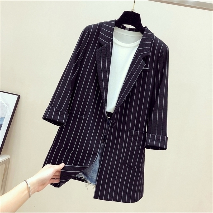 Single Breasted Striped Women Blazer Pockets Thin Jackets Female Blazers Outerwear Plus Size High Quality T200716