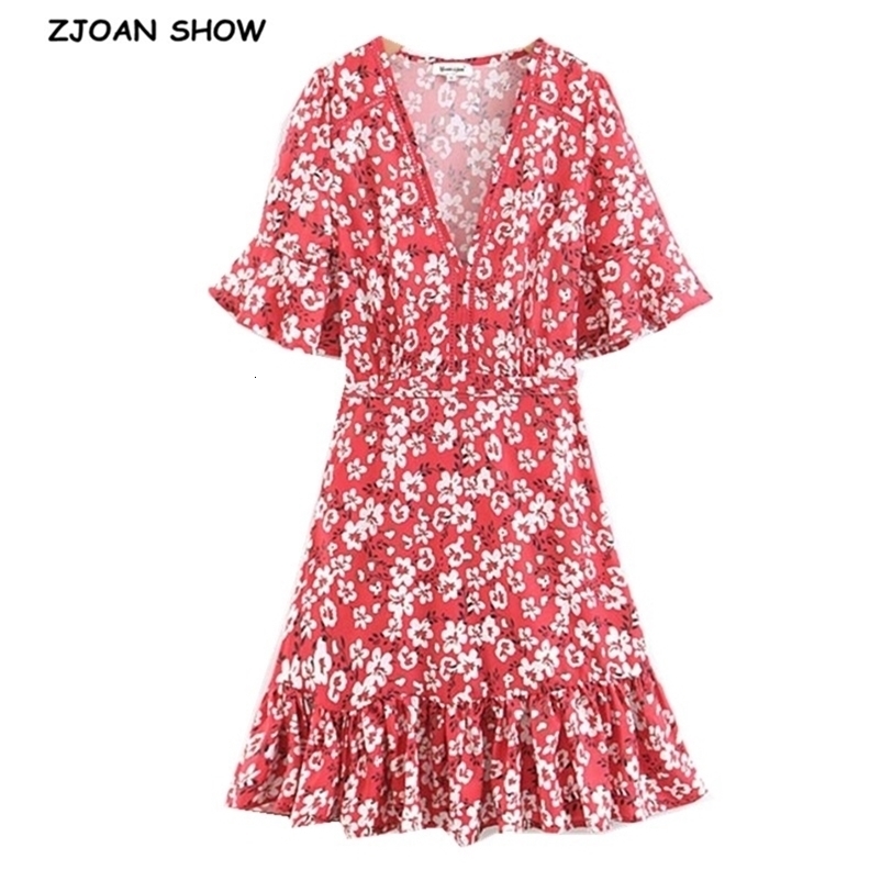 Vintage Red Floral Print Ruffles Hem Lacing Up Waist Women Dress Deep V Neck Beach Dresses Casual 210429