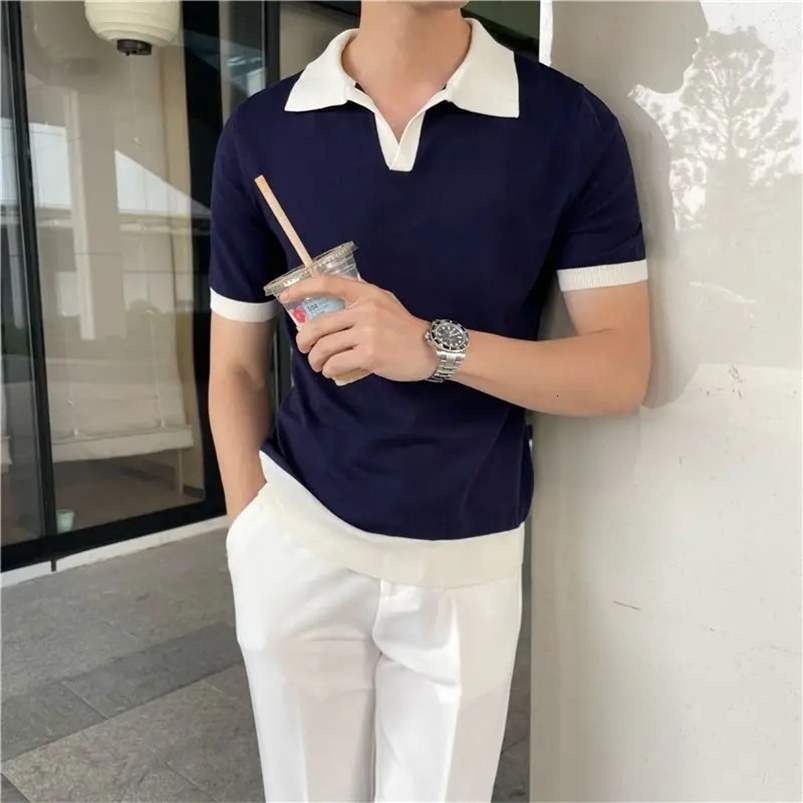 Summer Lapel Breathable Short Sleeve Temperament Mens Clothing Slim Korean Version Solid Color Trend Knitted POLO Shirt 250222