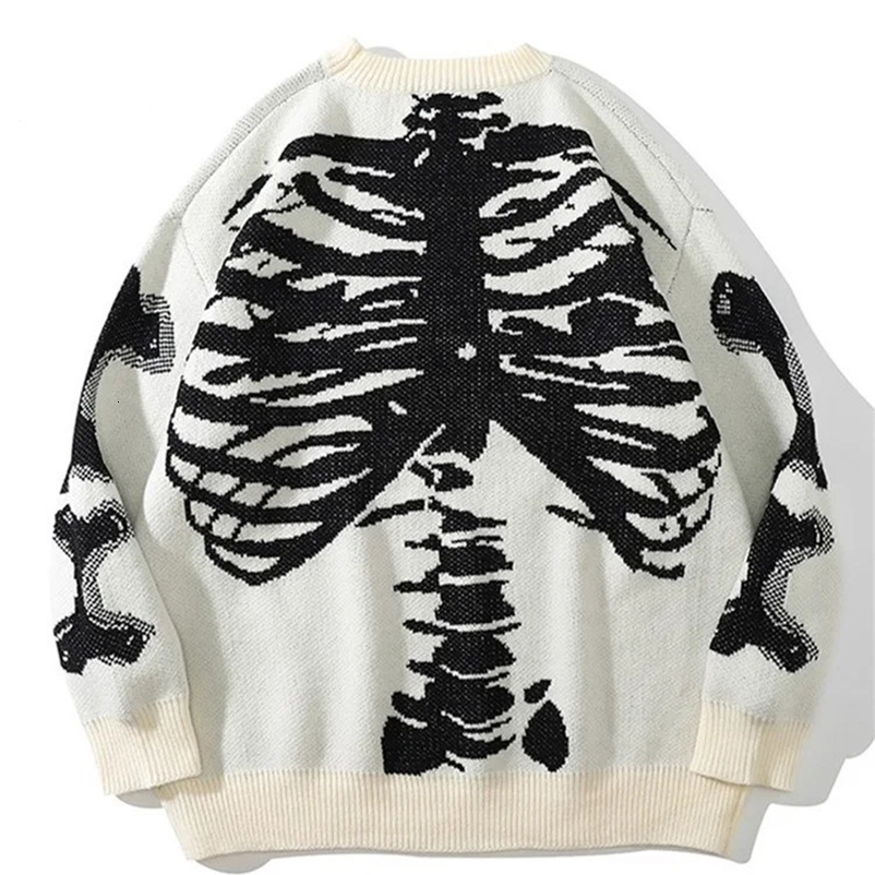 Men Casual Skeleton Print Oversized Sweater Vintage Y2k Style Knitted Loose Pullover Autumn Male High-quality Tops 240912