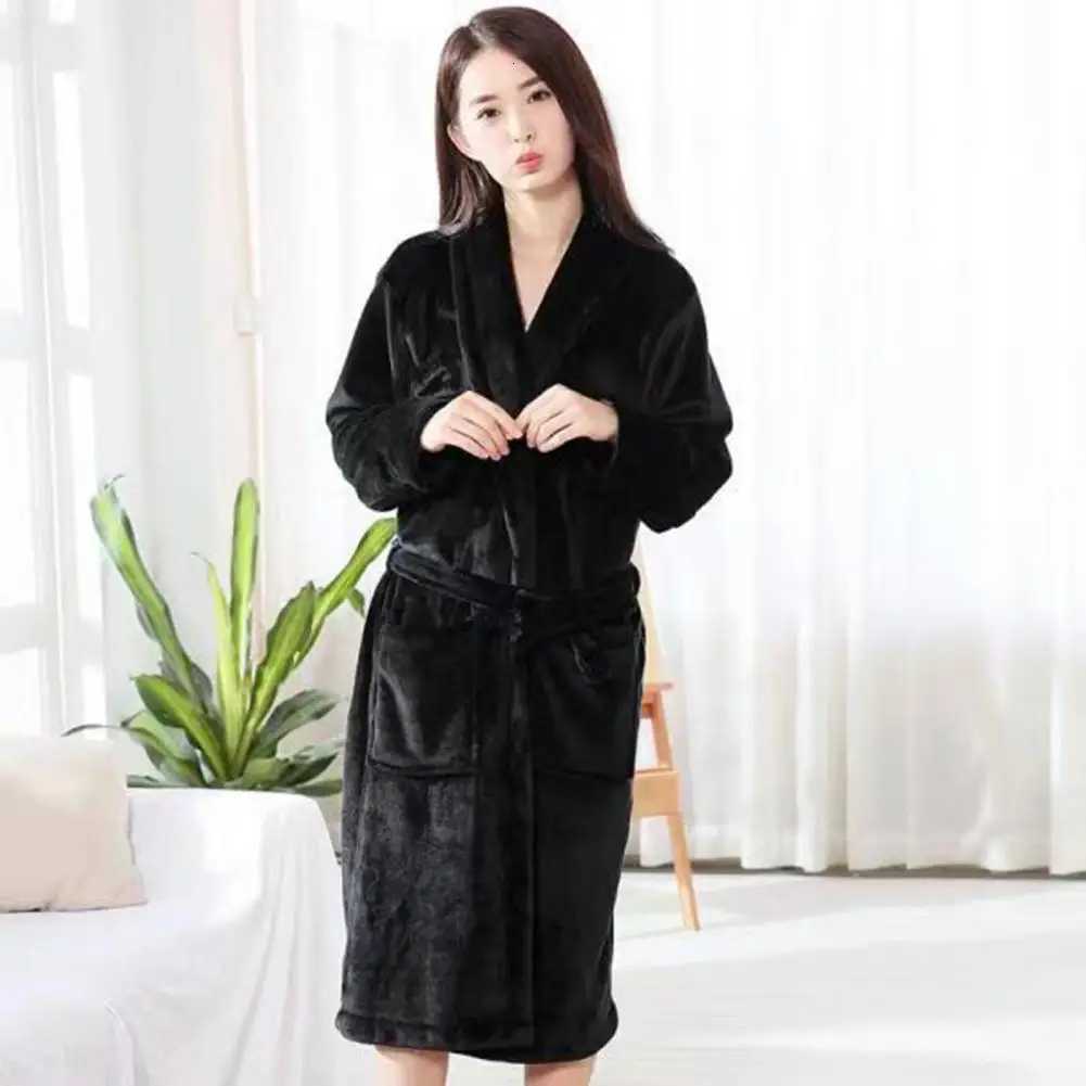 Coral Fleece Women Men Bathrobe Thick Warm Water Absorbent Winter Lace Up Cardigan Lapel Pockets Bath Robe Nightgown Dress Z250924