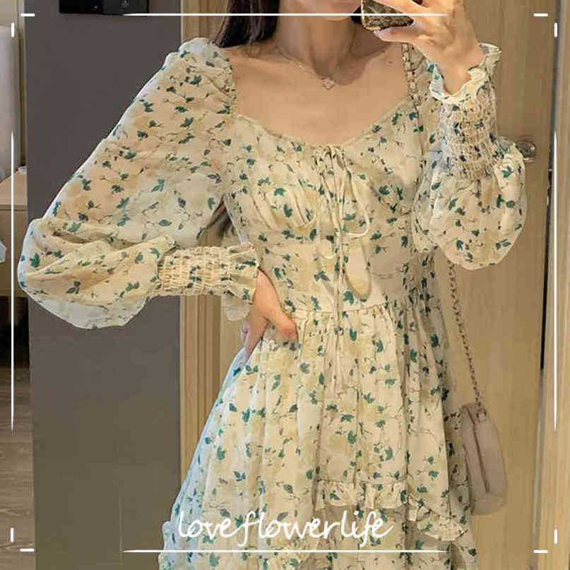 Korean Style Square Collar Elegant Vingate Dress Women Long Sleeve Floral Printed Dress Beach Dress for Females Summer Chic 210521