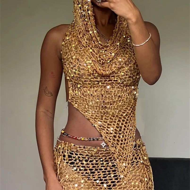Weird Puss Sequins Women 2piece Set Sexy See Through Irregular Backless Hooded Tank TopsPeach Hip Skirts Midnight Clubwear Suit 250214