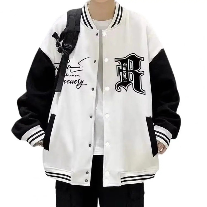 Fall Winter Men Baseball Coat Letter Print Stand Collar Loose High Street Style Jacket Elastic Striped Cuff Fashion 240712