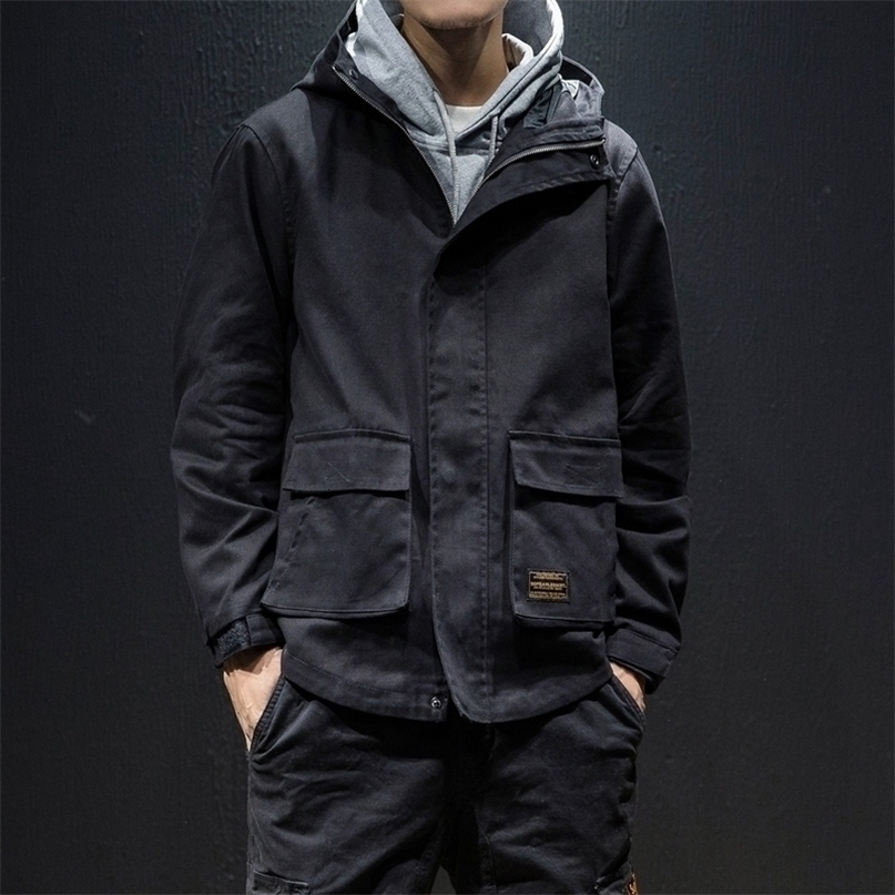 Japan Style Autumn New Loose Jackets Men Plus Size Casual Hooded Windbreaker Jacket Long Sleeve Multi Pockets Men Coats 5XLM T200502