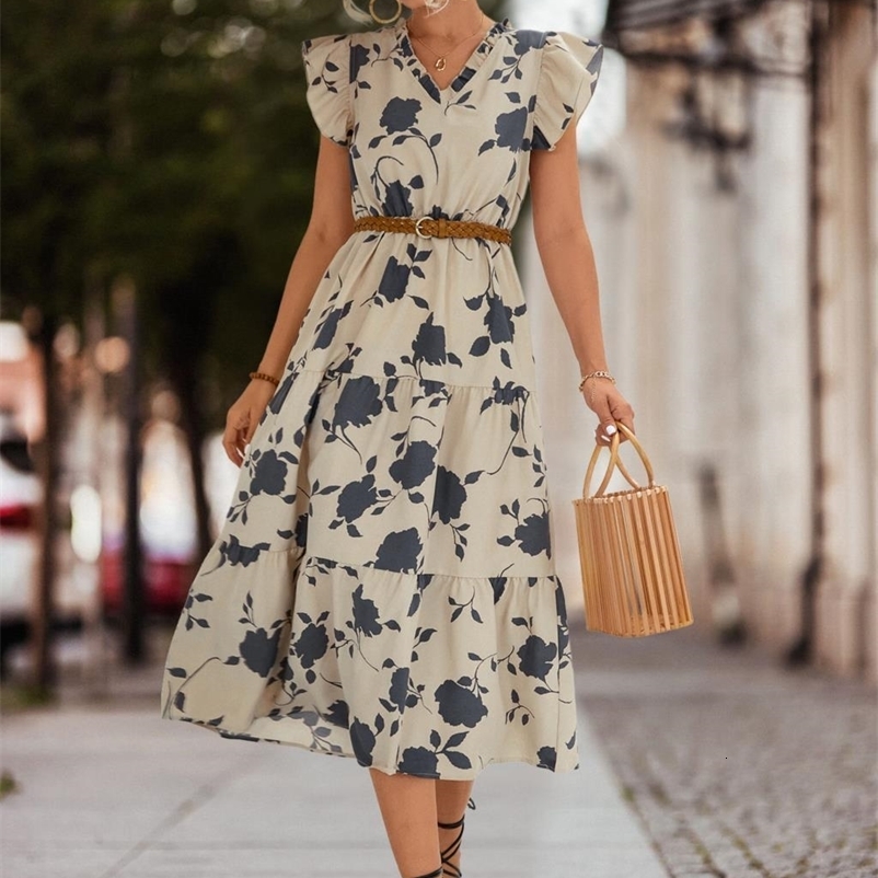 Casual Dresses Black Print Flying Office Elegant A-line Cherry Invasion Spring Summer Casual Floral Printed V-Neck Mid-Calf Dress WomenY2k 230316