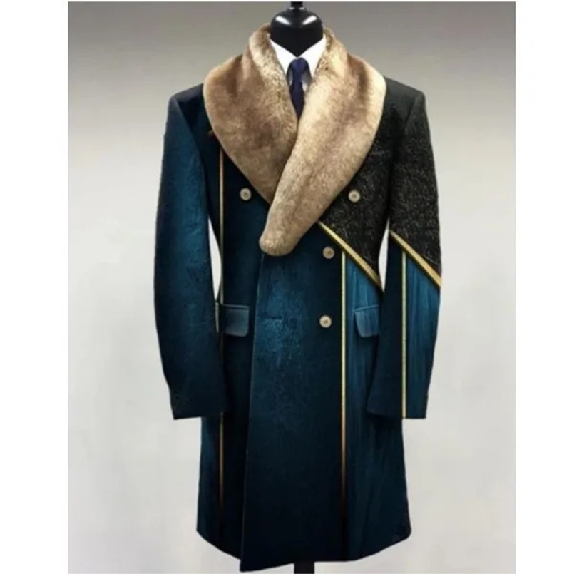 Customized European and American autumn and winter navy blue mens wool coat with collar print medium long casual jacket only for men 241025