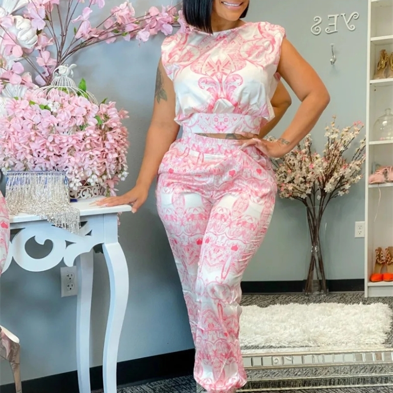 LW Baroque Print Regular Fit Pants Set Sleeveless Tie Back Tops With Comfortable Pants Two Pieces Summer Women O Neck Sets 240105