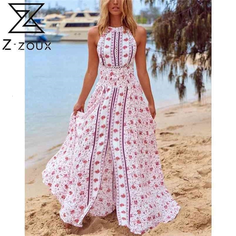 Women Dress Sleeveless Backless Bohemia es Sexy Long Print Floral Maxi High Waist Split es 210513