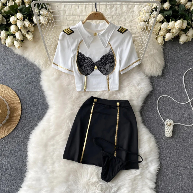 Women Sexy Hollow Skirts Suits Lace Patchwork Turndown Collar Tops Mini Skirt Underpants 3 Pieces Erotic Pajamas Sets Cosplay 240423