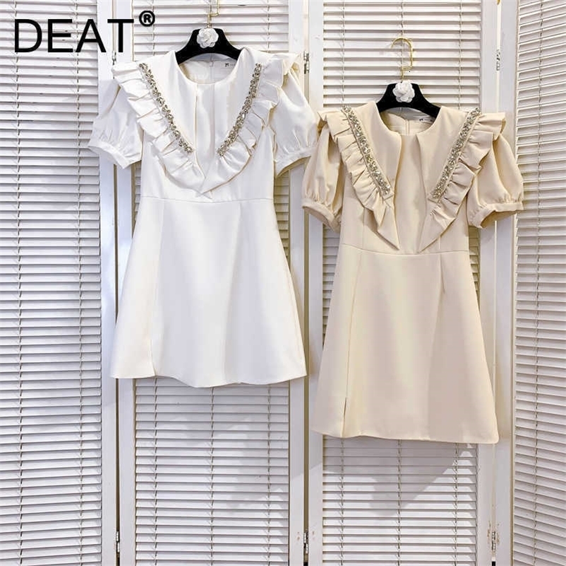 DEAT Women Diamond Ruffles Dress Round Neck Short Sleeve Arrivals Lady Temperament Fashion Spring Summer 11D1733 210709