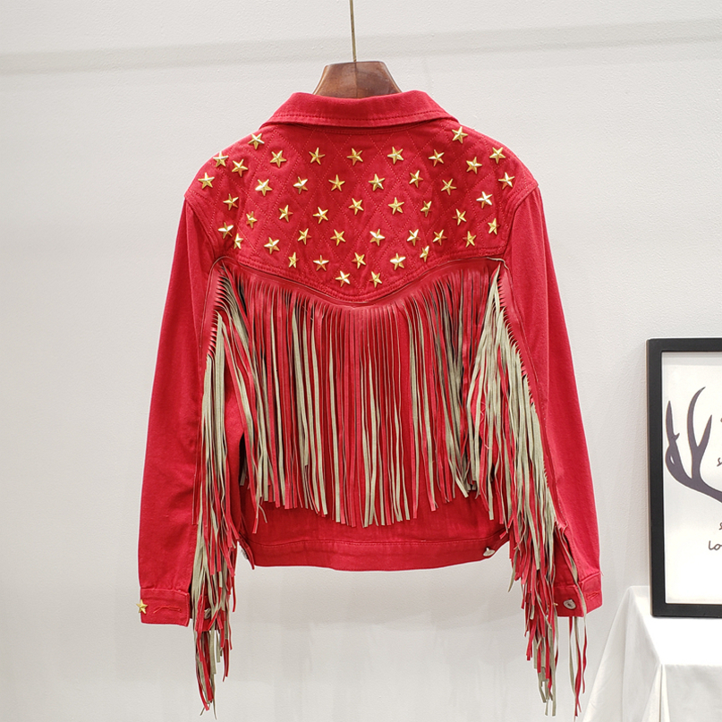DEAT Autumn Winter Long Sleeve Turn Down Collar Rivet Tassel Red Denim Jacket Women Coat Streetwear MK007 201019