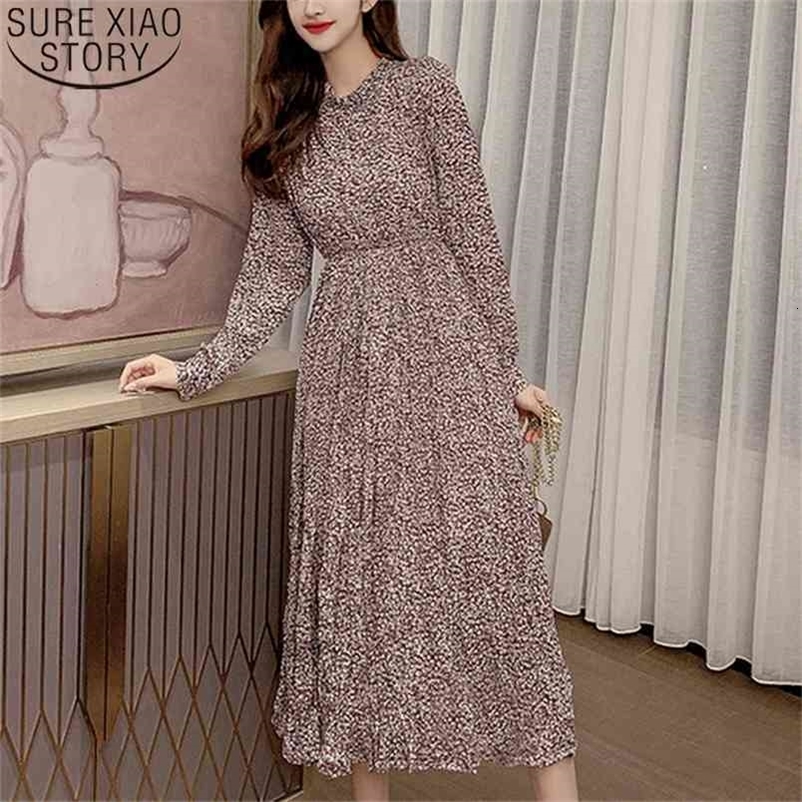 Floral Print Chiffon Dress Autumn Women Vintage Midi Long Sleeve Stand Collar High Elastic Waist Vestidos 10530 210506
