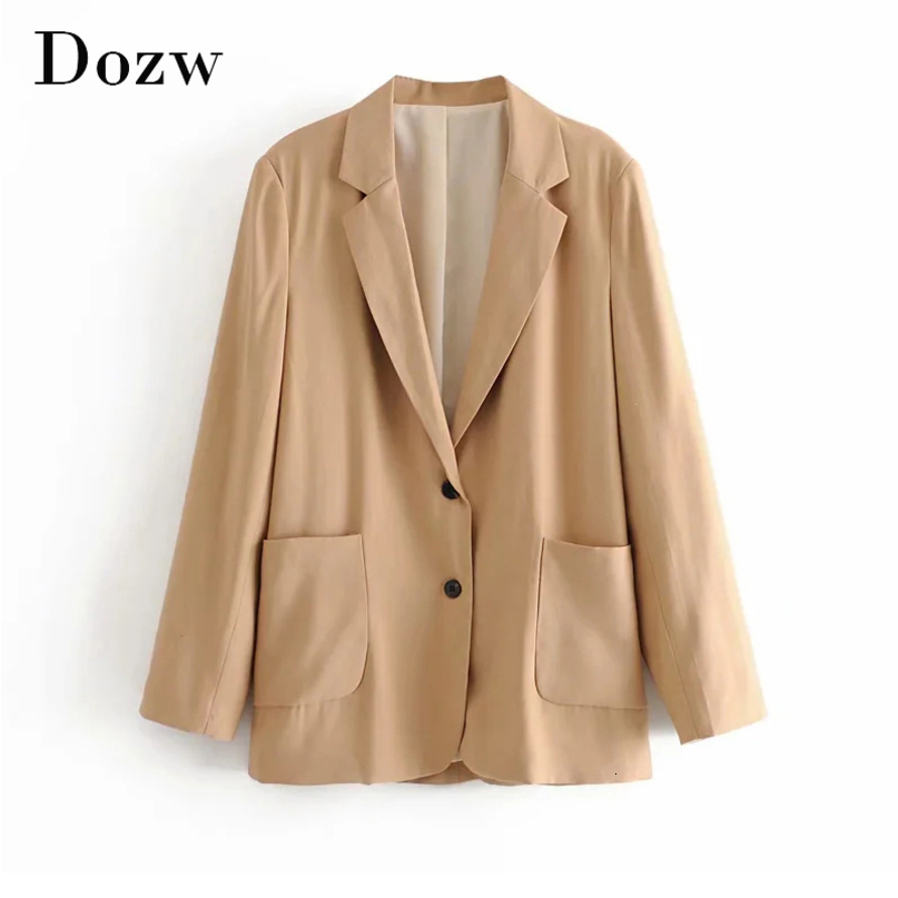 Women Solid Casual Office Wear Blazer With Pockets Long Sleeve Single Breasted Jacket Coat Notched Collar Ladies Tops 210414