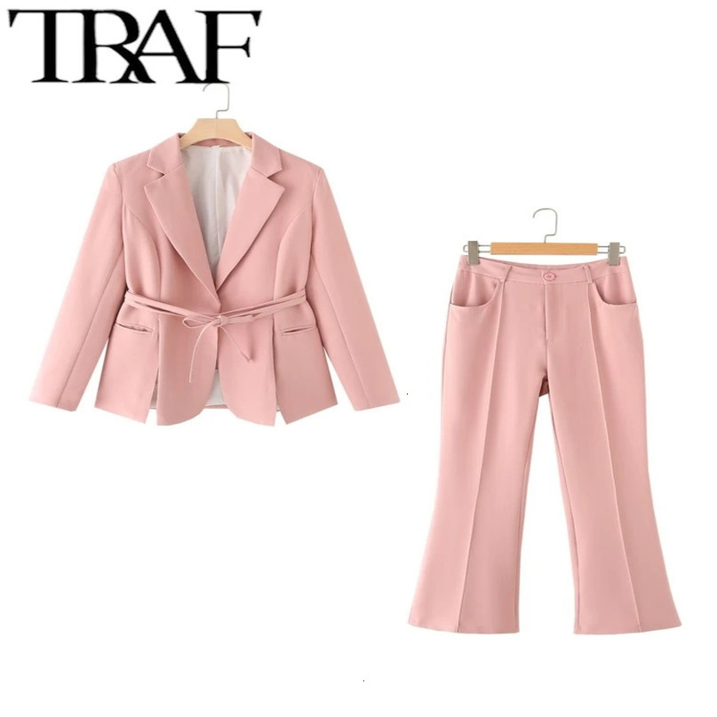 TRAF GAL Elegant Women Pink Waist Tied Blazer Suits Long Sleeve Office Jacket Female Flared Pants Sets Y2K Spring Trousers 240423