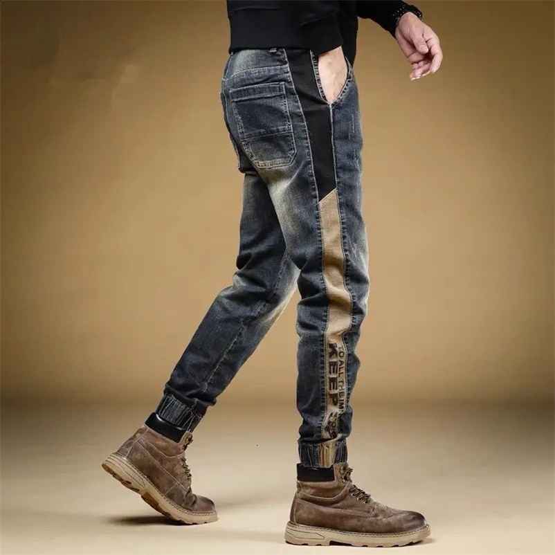 Trousers with Print Stretch Male Cowboy Pants Elastic Cargo Jeans for Men Korean Autumn Aesthetic Regular Winter Trend Y2k 240717