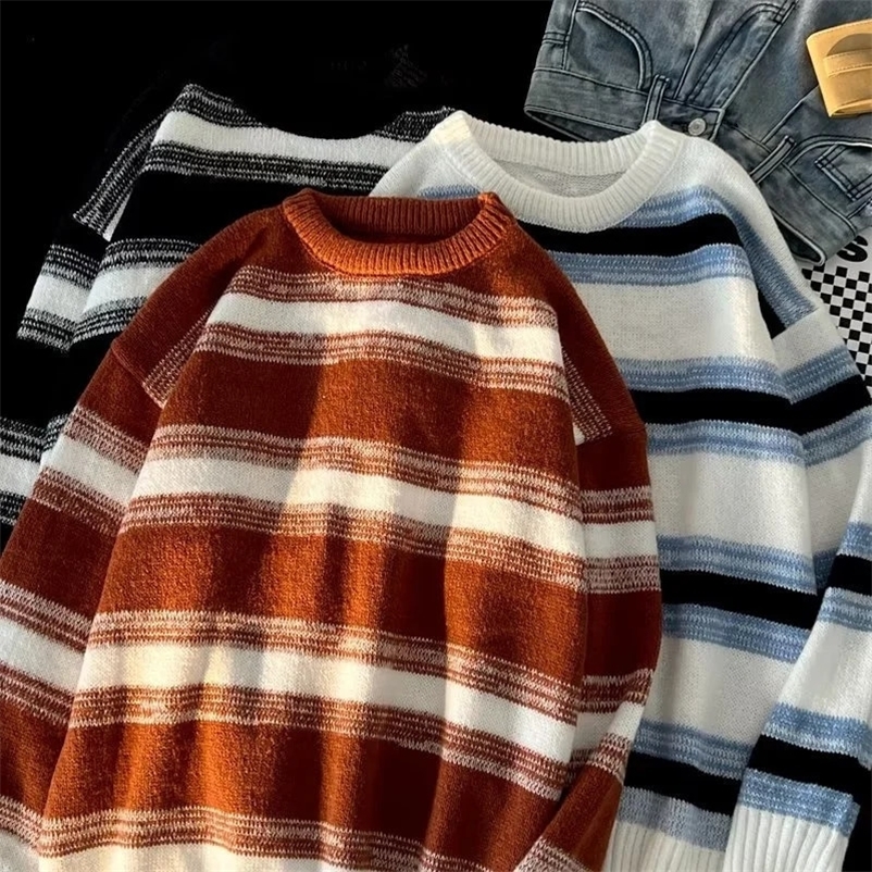 Mens Striped Colorblock O-Neck Pullovers Korean Fashion Knitted Sweaters Autumn Vintage Loose Pull Homme Y2K Clothes 240912