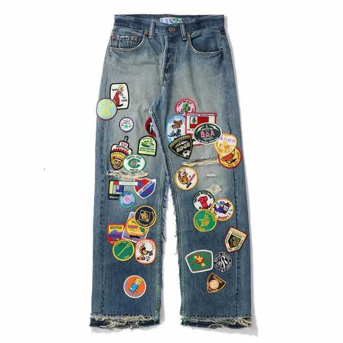 American Retro Embroidered Patch Jeans Y2K Clothes Rock Hip Hop Cartoon Patch Washed Blue Baggy Jeans Mid Waist Wide Leg Trouser X250924