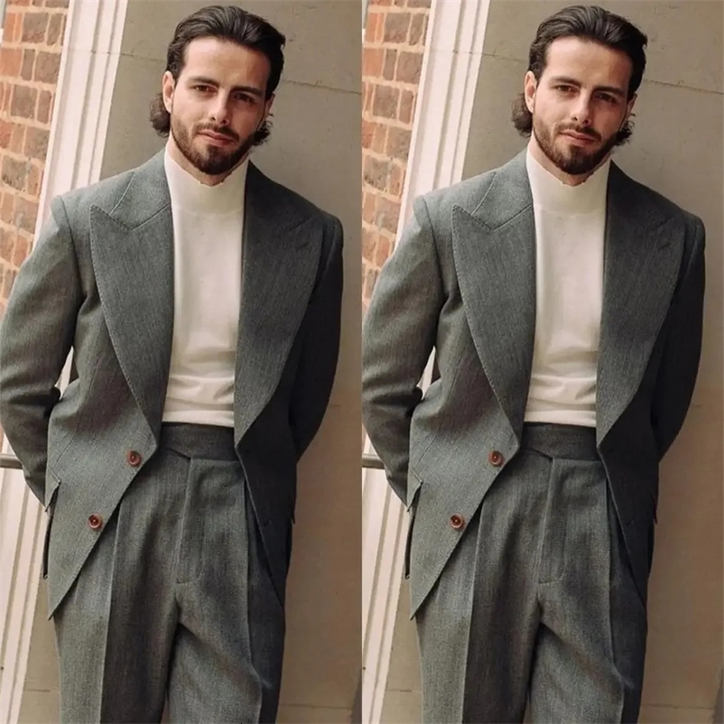 Men Suit Two Pieces Blazer Pants Single Breasted Wide Lapel Handsome Business High-quality Loose Fit Wedding Groom Costume Homme 240518