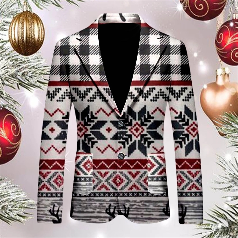 Mens Blazers Christmas Snowflake Printed Plaid Lapel Long Sleeve Loose Fashion Casual Personality Fashion Suit Jacket Pockets 241116