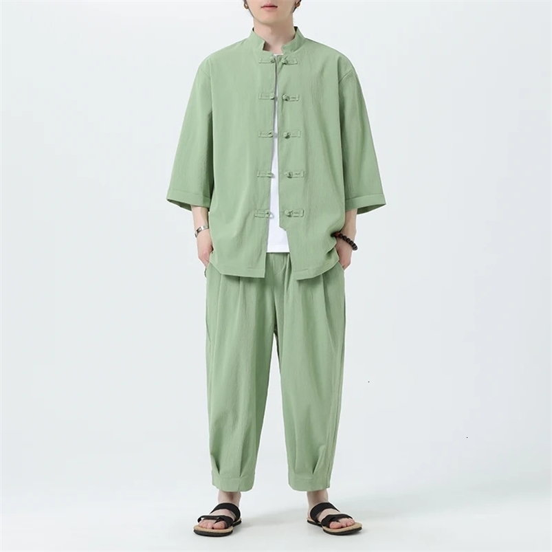 Summer cotton linen shirt set for mens casual outdoor 2-piece set and family clothing with pants 2-piece beach short sleeved set 250318