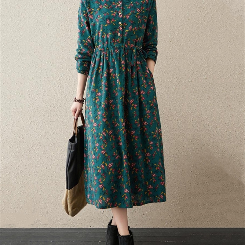 Casual Dresses Long Sleeve Cotton Linen Vintage Floral Print Dresses For Women Spring Autumn Casual Dress Robe Femme Elegant Clothing 230316