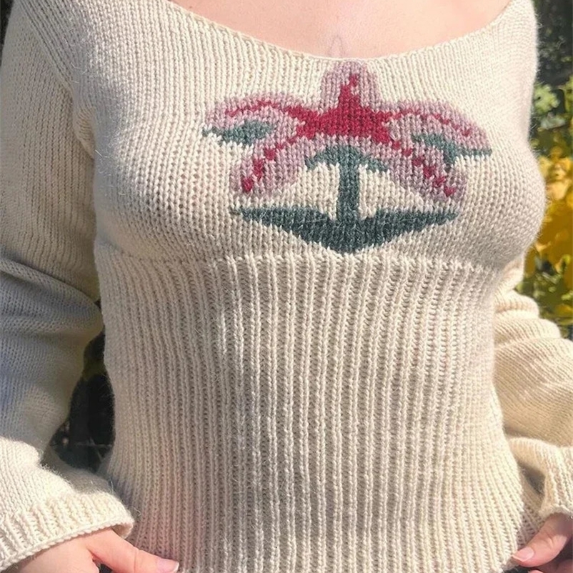 Retro Floral Sweaters Women Y2K Aesthetic Long Sleeve Cropped Jumper Tops Autumn Winter Casual Slim Sweater Pullover 240812