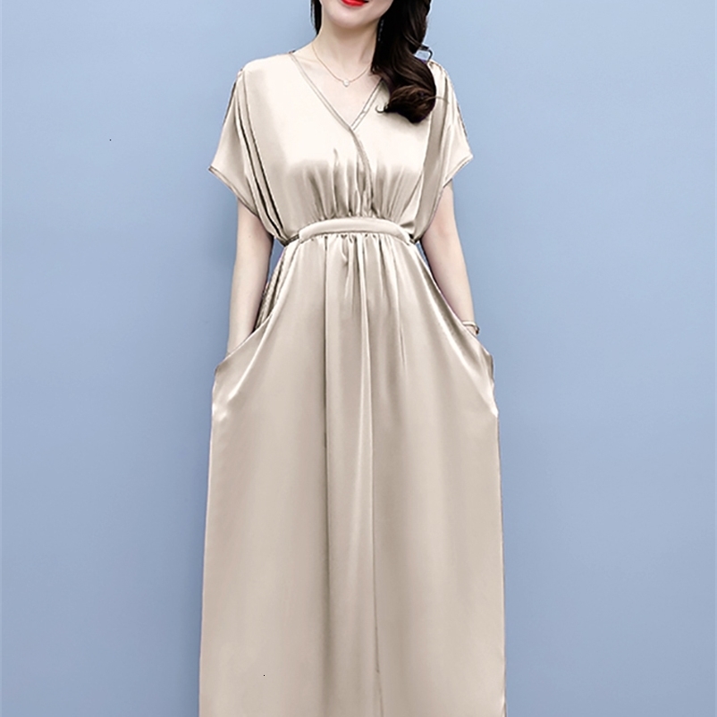 Casual Dresses Summer Casual Satin Bodycon Midi Robe Women Chic Prom Party V-Neck Sexy Night Dress Fashion Elegant Solid Beach Long Dress 230316