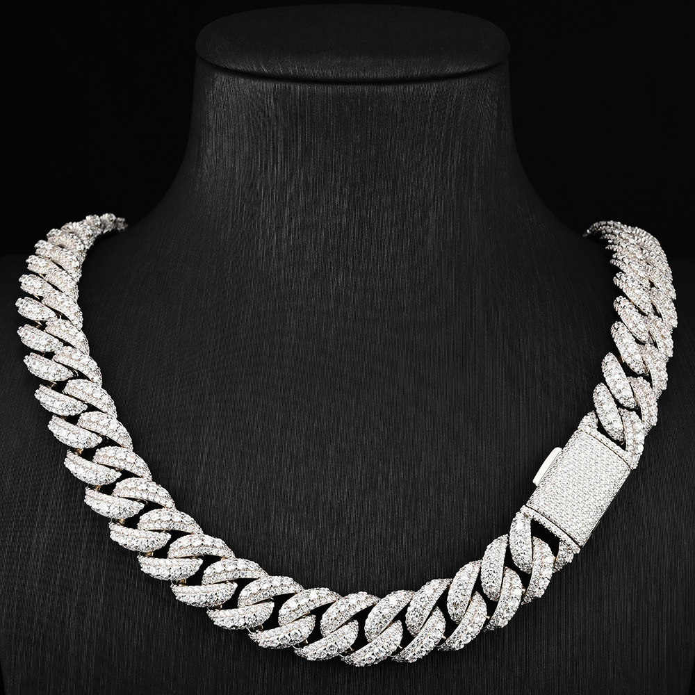 JWY 14mm Iced Out Cuban Link Chain 18K White Gold Plated 925 Silver Necklace with Dense Moissanite Bling Diamond for Wedding