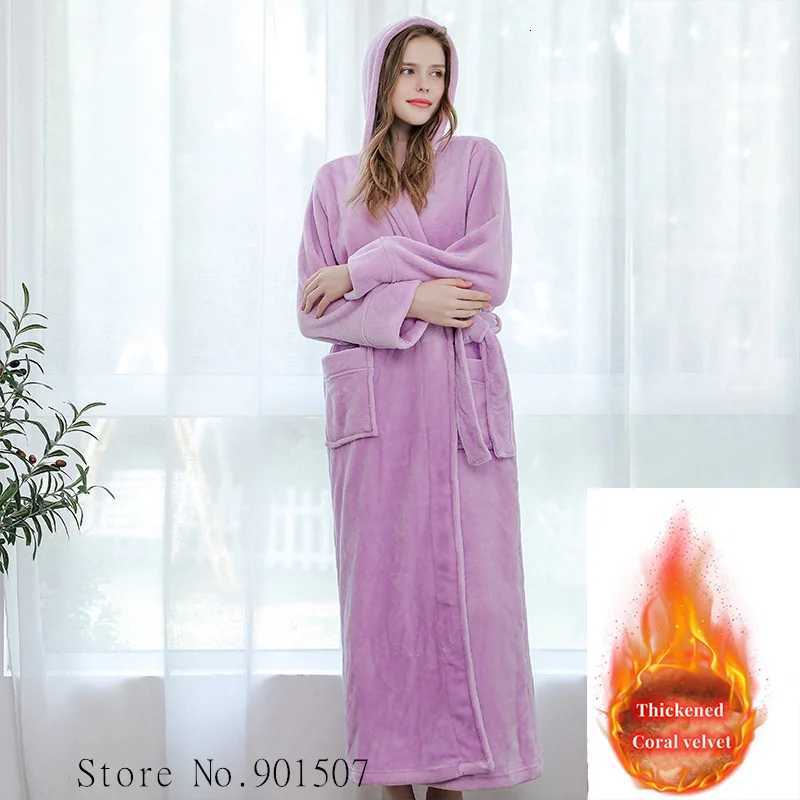 Extra Long Winter Coral Fleece Bathrobe Women Hooded Warm Kimono Bath Robe Cozy Kimono Shower Robes Loose Peignoirs Nightgown Z250924