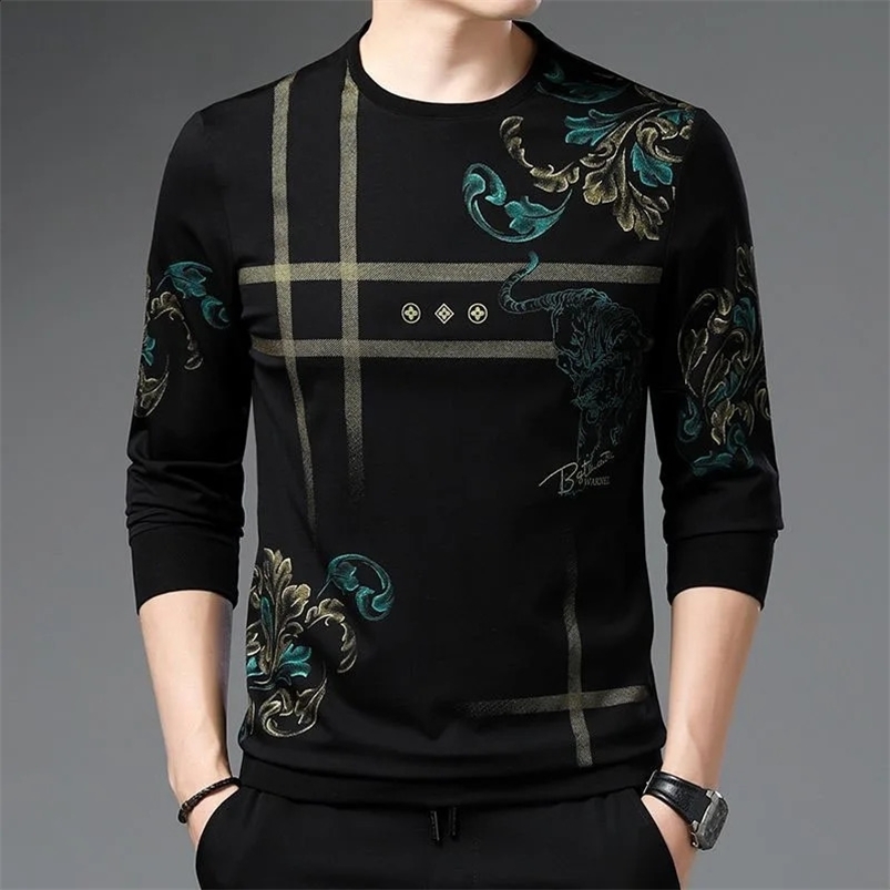 Fashion Printed Spliced Long Sleeve Mens T-shirt Spring Autumn Trend Round Neck Casual Comfortable Tops Male Clothes 240828