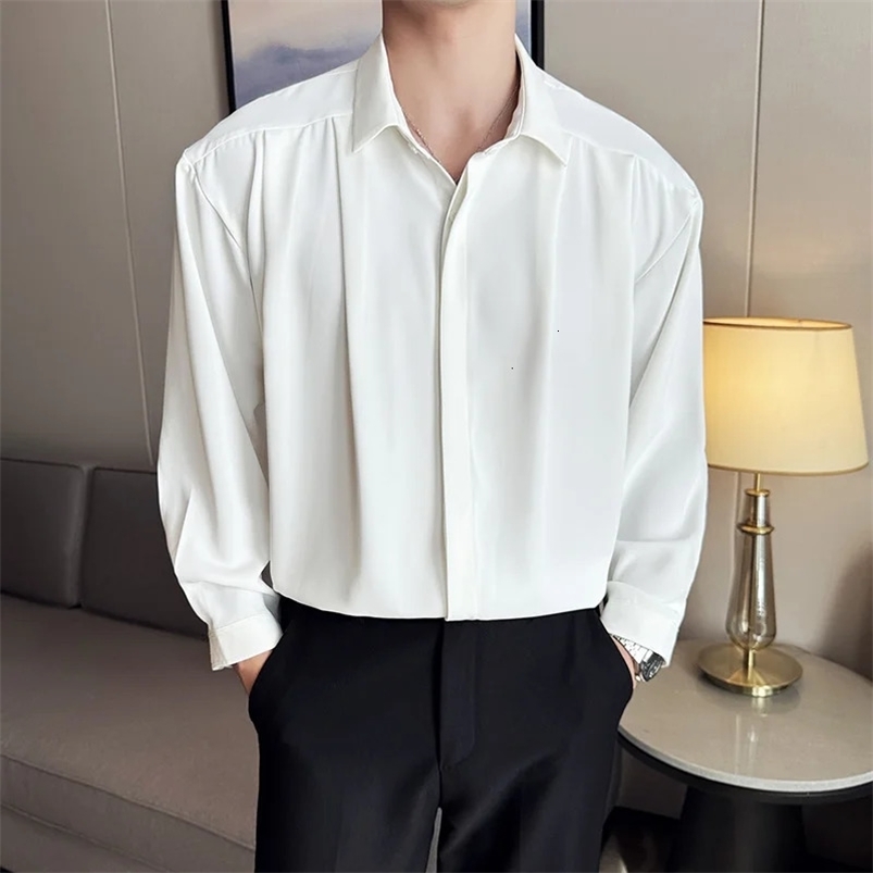 High End Solid Color Shirts Men Loose Pleated Hanging Shirt Long Sleeved Shirt Casual Business Social Men Clothing 250207