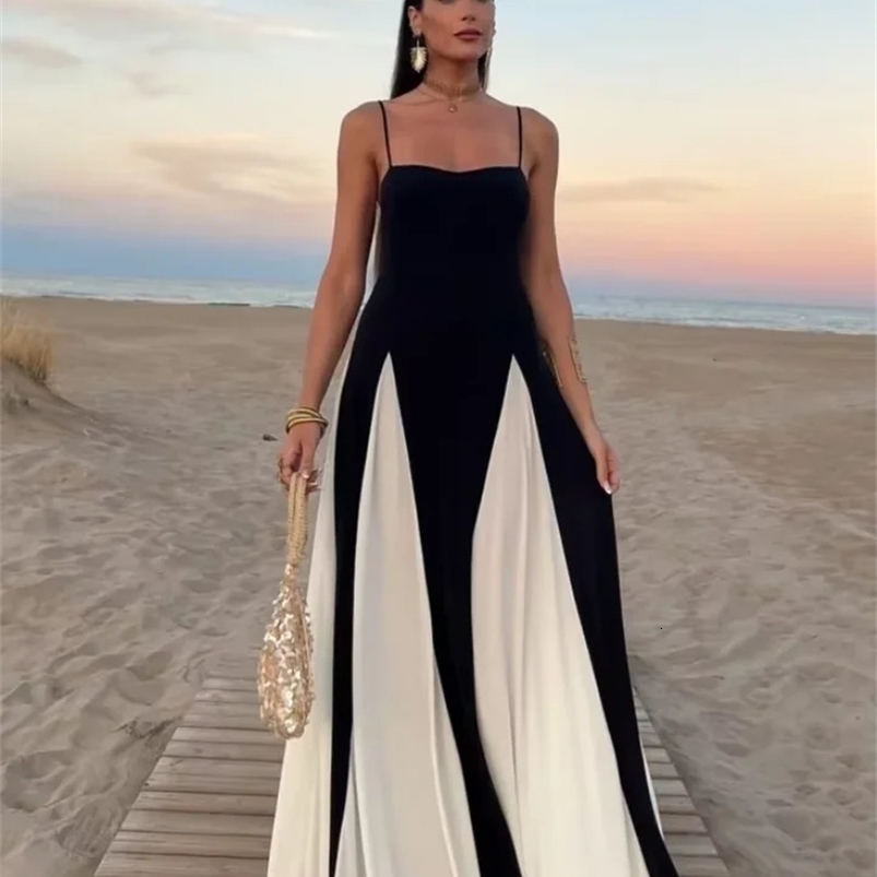 Fashion Gauze Contrasting Color Strap Maxi womens elegant backless sleeveless high waisted vest fashion womens party dress 250117